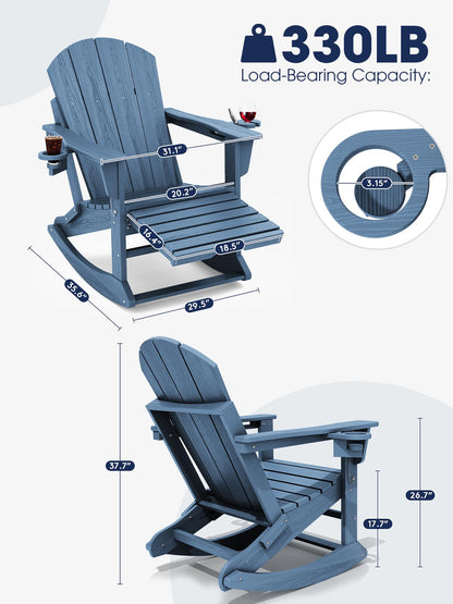 Folding Adirondack Rocking Chair with Retractable Ottoman and Cup Holders