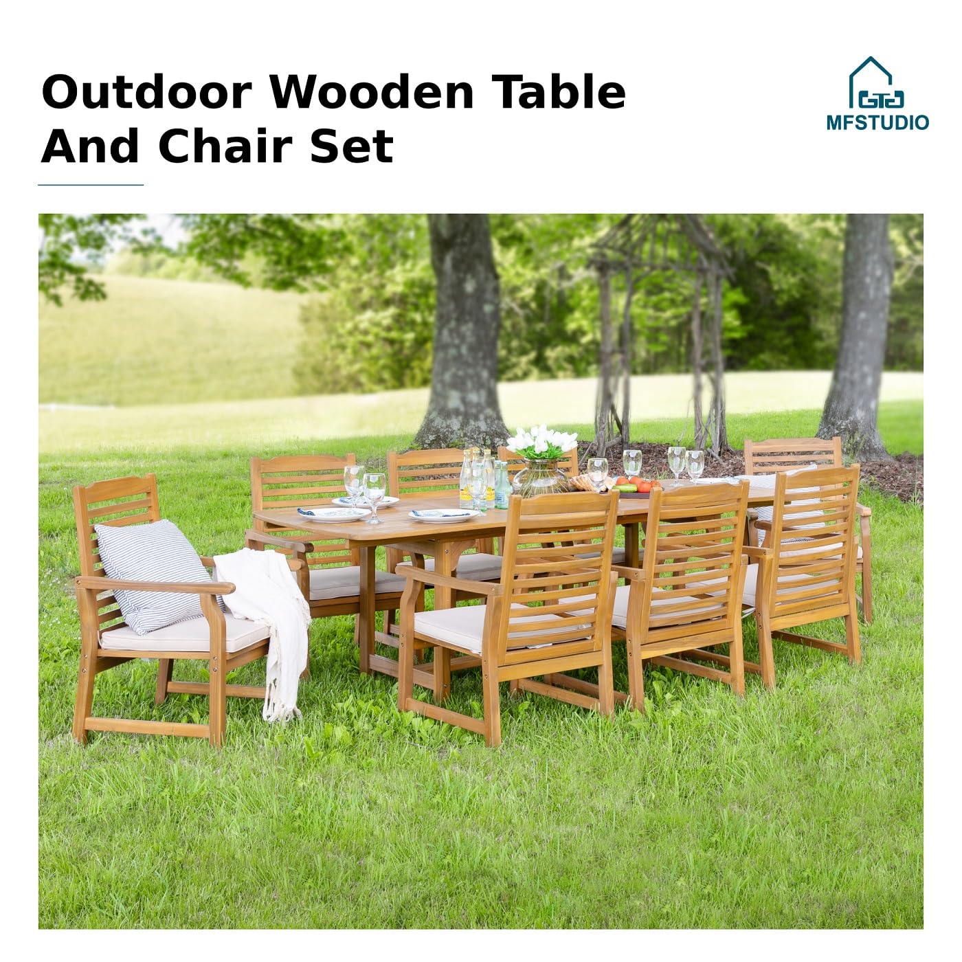 MFSTUDIO 9 Pieces Wood Patio Dining Set, Teak Wooden Table and Chairs Set for 8