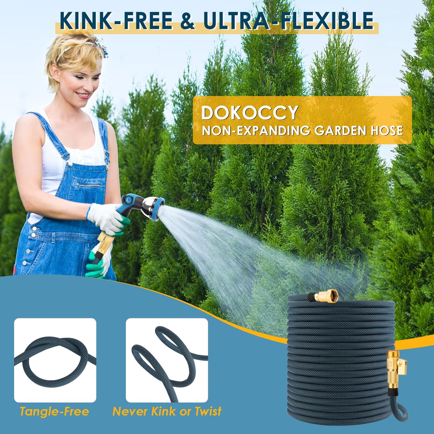 DOKOCCY Non-Expanding Garden Hose with 10 Setting Watering Spray Nozzle, 100FT