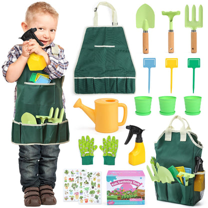 Kids Gardening Tool Set, 20PCS Gardening Set Includes Metal Rake, Fork, Trowel, Apron, Gloves, Watering Can, Tote Bag and Stickers