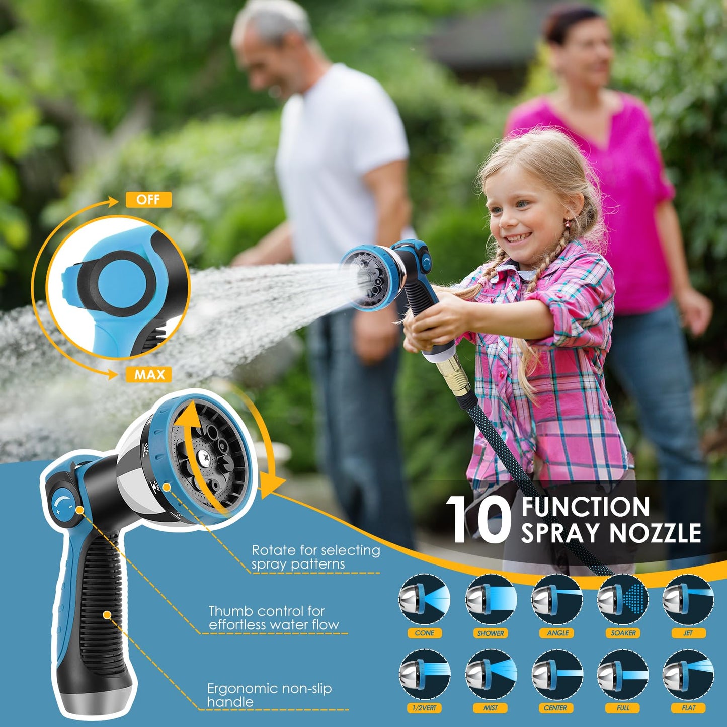 DOKOCCY Non-Expanding Garden Hose with 10 Setting Watering Spray Nozzle, 100FT