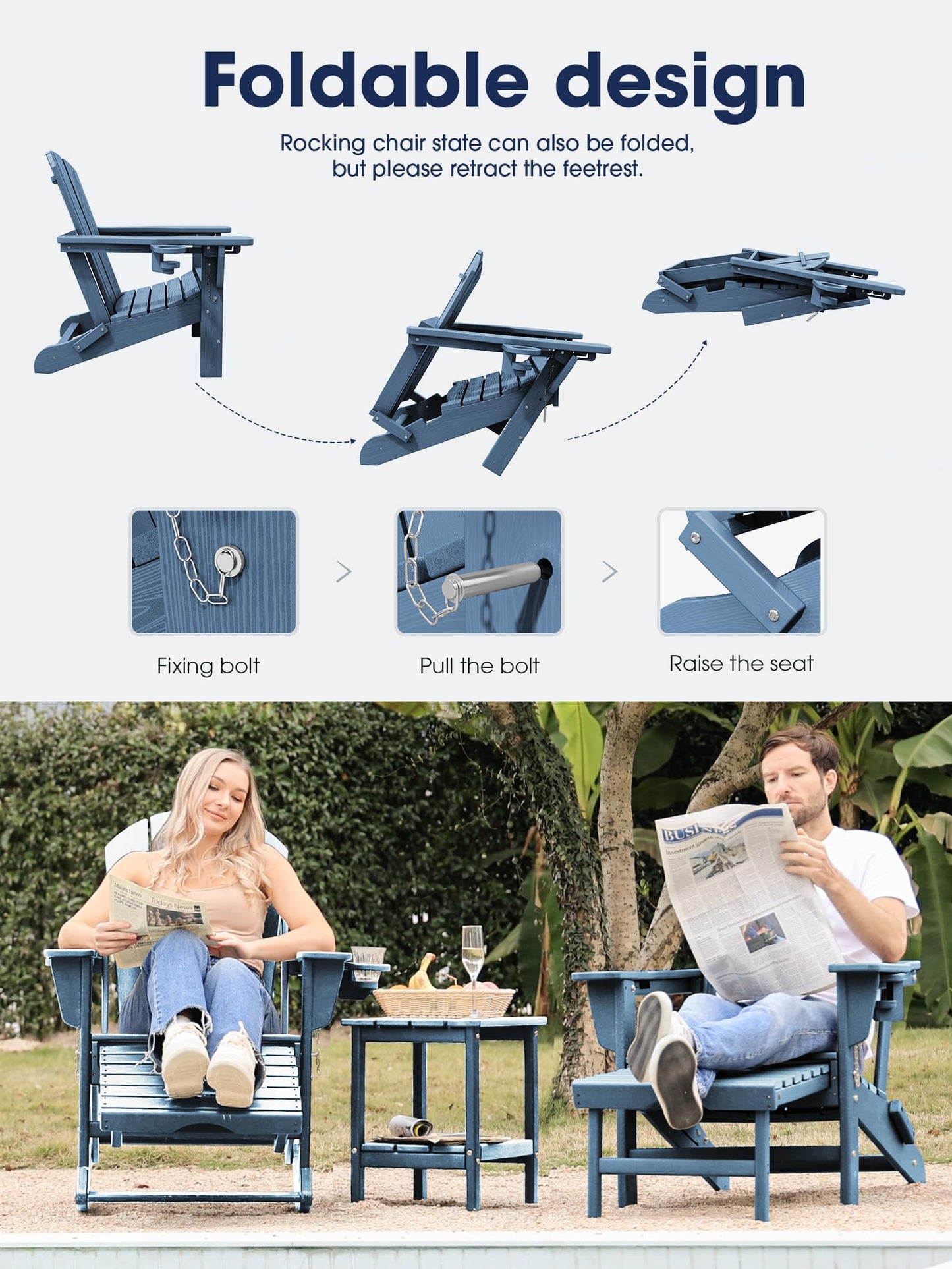 Folding Adirondack Rocking Chair with Retractable Ottoman and Cup Holders