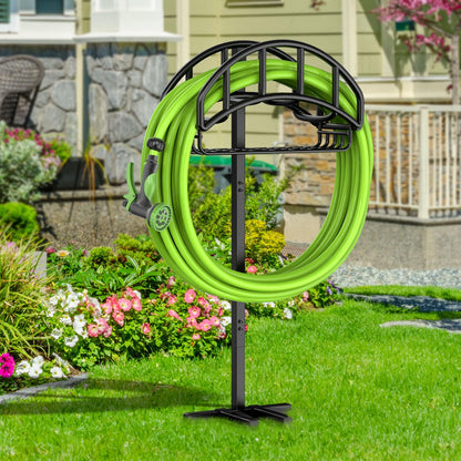 Yumatum Freestanding Garden Hose Holder with Tool Storage Basket, Holds 150ft Hose