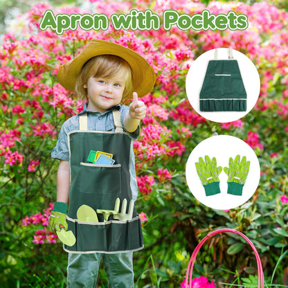 Kids Gardening Tool Set, 20PCS Gardening Set Includes Metal Rake, Fork, Trowel, Apron, Gloves, Watering Can, Tote Bag and Stickers