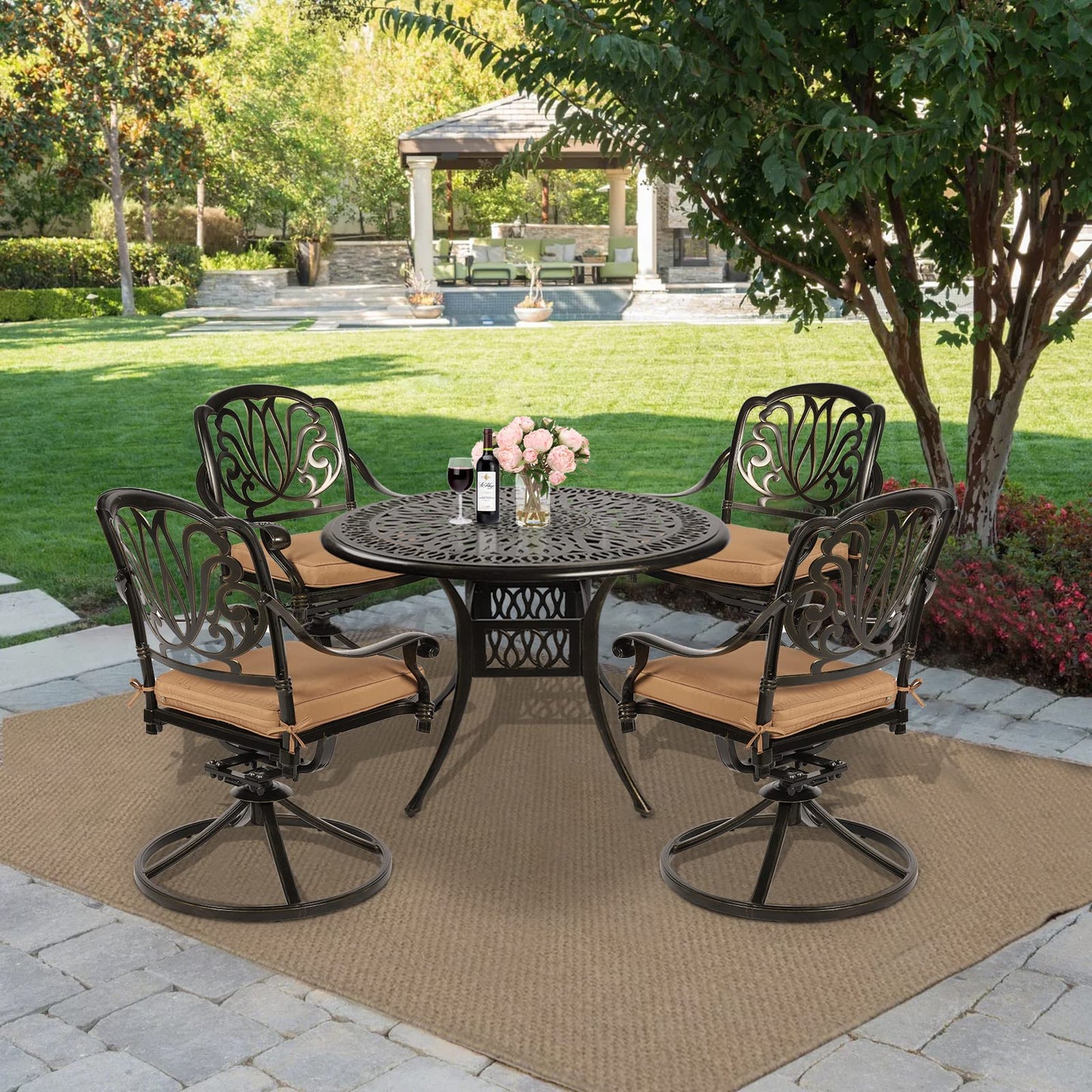 MEETWARM 5-Piece Outdoor Patio Dining Set, All-Weather Cast Aluminum Patio Conversation Set for Backyard Garden Deck with 4 Cushions Swivel Rocker Chairs and 35.4" Round Table, 2.2" Umbrella Hole