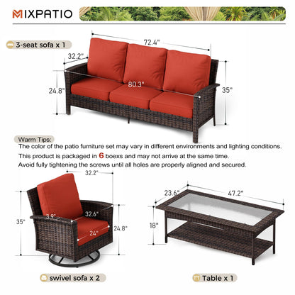 MIXPATIO 4-Piece Patio Furniture Set, Oversized Outdoor Wicker Sofa with Swivel Chairs and Coffee Table, Sectional Rattan Outdoor Conversation Set for Poolside Backyard Deck, Red