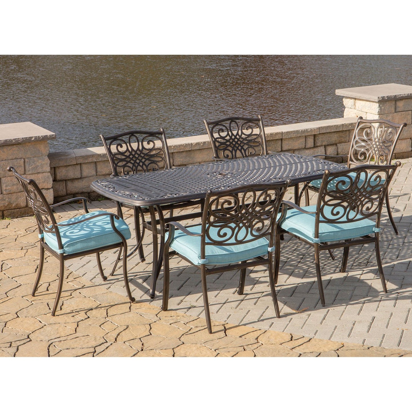 Hanover Traditions 7-Piece Patio Dining Set with 6 Outdoor Dining Chairs, Blue Cushions, and Large 38"x72" Cast-Top Dining Table, Outdoor Dining Set for 6, Premium Weather Resistant Patio Furniture