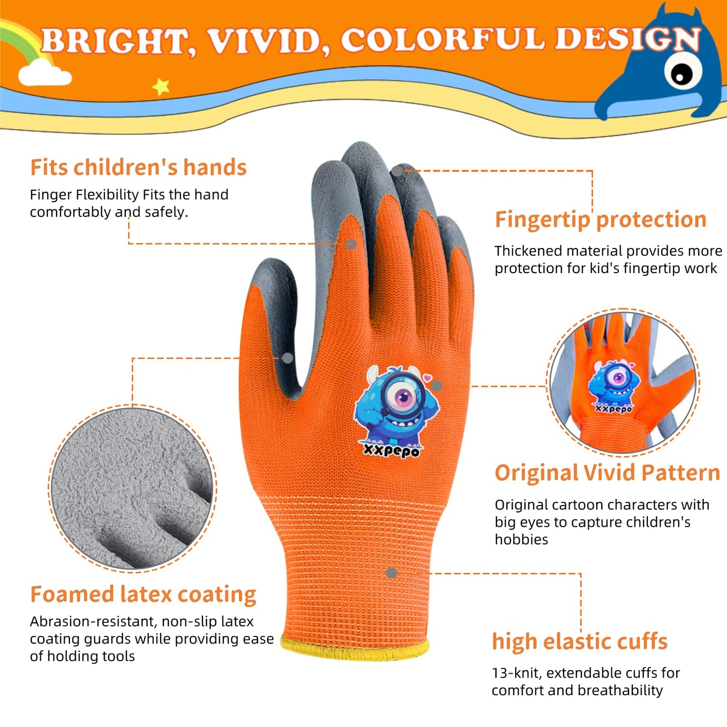 3 Pairs Kids Rubber Coated Gardening Gloves