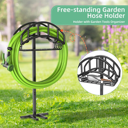 Yumatum Freestanding Garden Hose Holder with Tool Storage Basket, Holds 150ft Hose