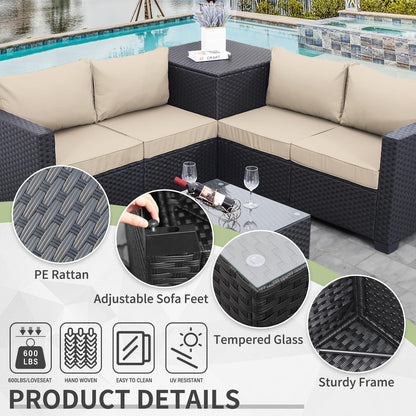 WAROOM Outdoor PE Wicker Patio Furniture Set 4 Piece Black Rattan Sectional Sofa Conversation Couch Sets with Storage Box Glass Top Table and Anti-Slip Khaki Cushion