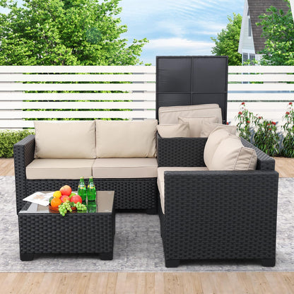 WAROOM Outdoor PE Wicker Patio Furniture Set 4 Piece Black Rattan Sectional Sofa Conversation Couch Sets with Storage Box Glass Top Table and Anti-Slip Khaki Cushion