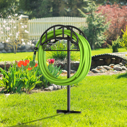 Yumatum Freestanding Garden Hose Holder with Tool Storage Basket, Holds 150ft Hose