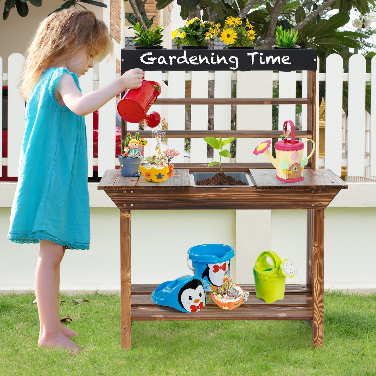 Kids Potting Table - Removable Sink, 4 Planting Cups, Chalkboard