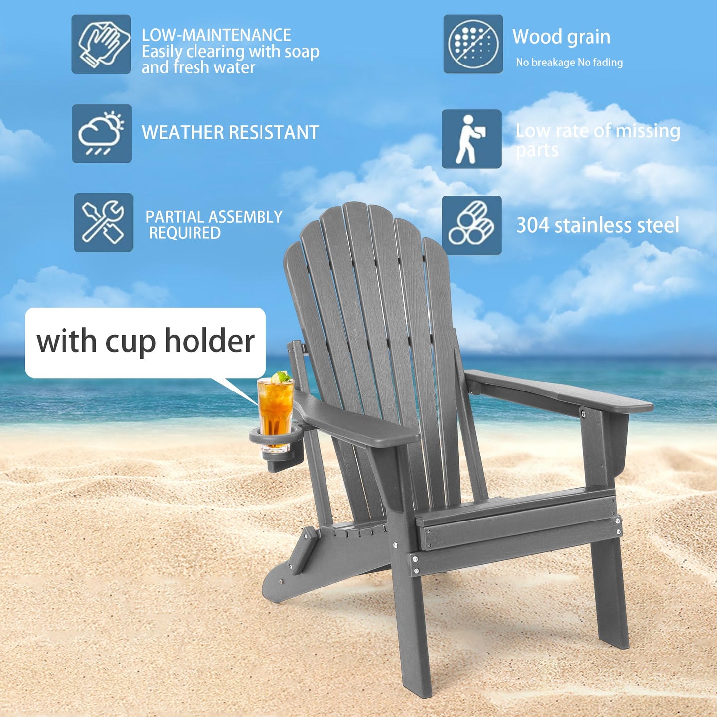 Plawdlik Folding Adirondack Chair Set of 2,SGS Tested,Wooden Textured with Cup Holder,Widened Heavy All-Weather HDPE Comfortable Seating for Ourdoor Grey