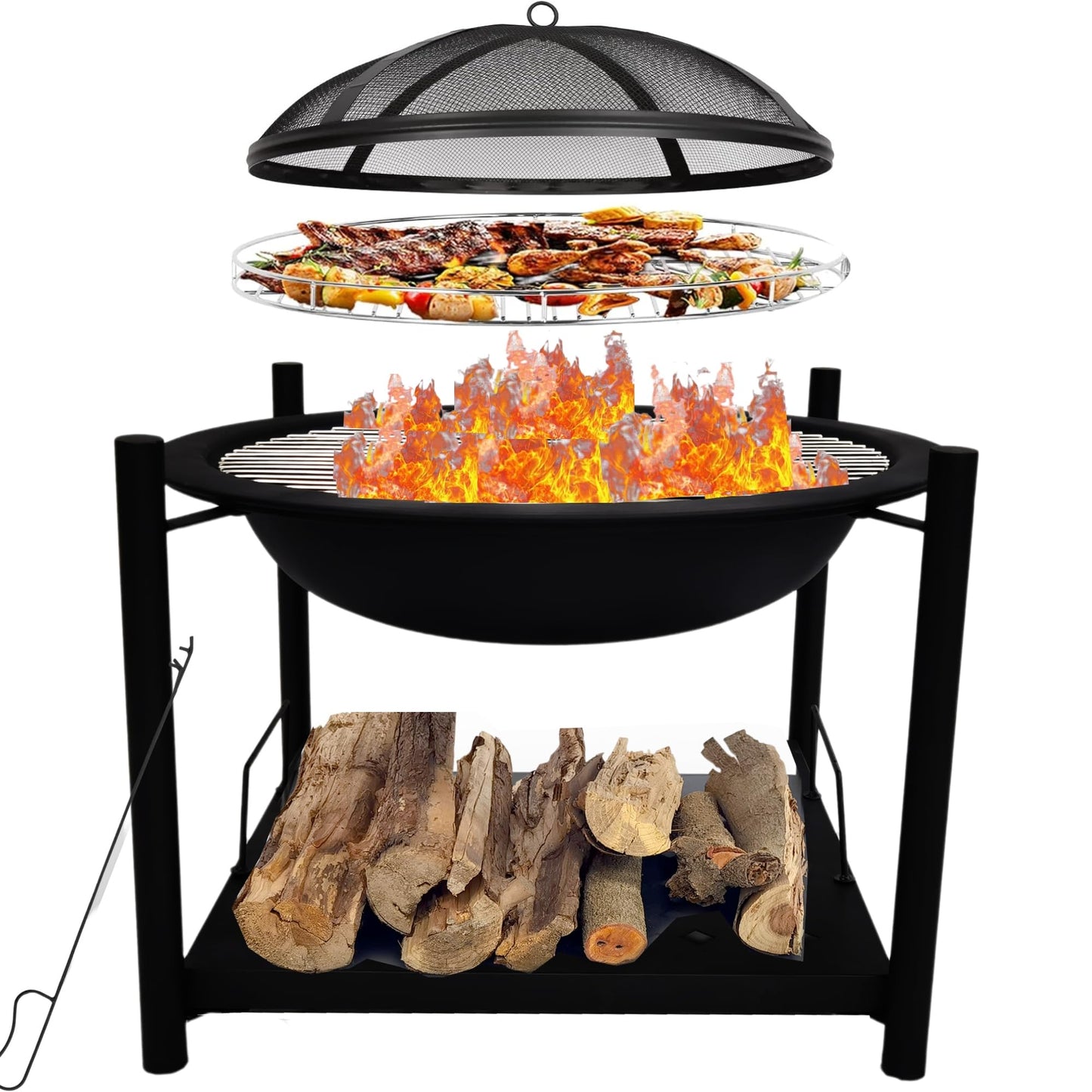 SereneLife Portable Outdoor Wood Fire Pit - 2-in-1 Steel BBQ Grill 26"