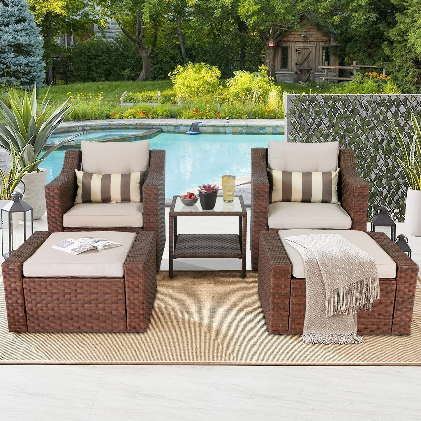 SOLAURA 5 Piece Patio Conversation Set Outdoor Furniture Set, Brown Wicker Lounge Chair with Ottoman Footrest, W/Coffee Table & Cushions (Beige) for Garden, Patio, Balcony, Deck