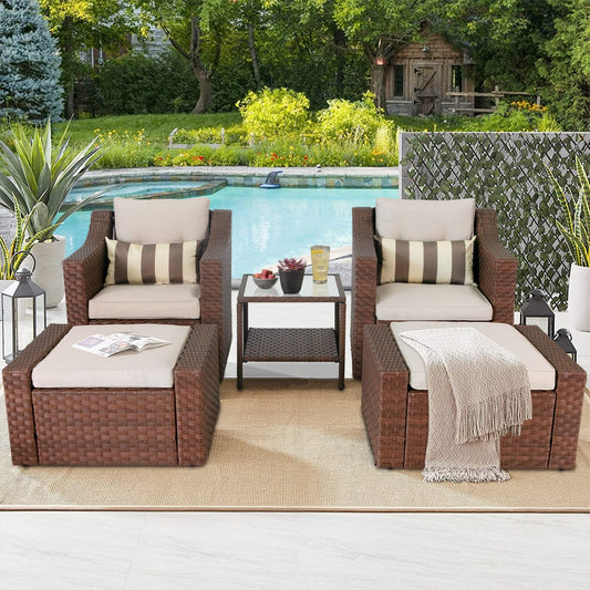 SOLAURA 5 Piece Patio Conversation Set Outdoor Furniture Set, Brown Wicker Lounge Chair with Ottoman Footrest, W/Coffee Table & Cushions (Beige) for Garden, Patio, Balcony, Deck