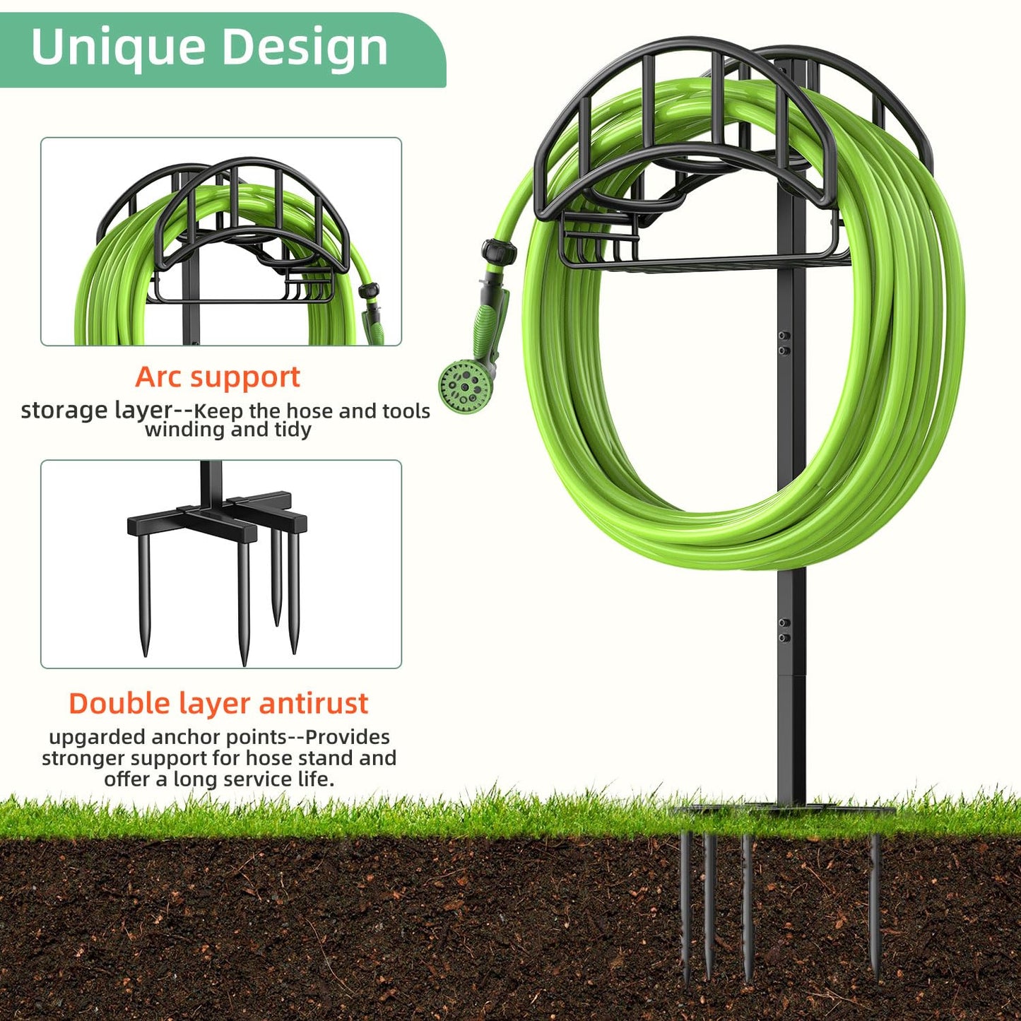 Yumatum Freestanding Garden Hose Holder with Tool Storage Basket, Holds 150ft Hose