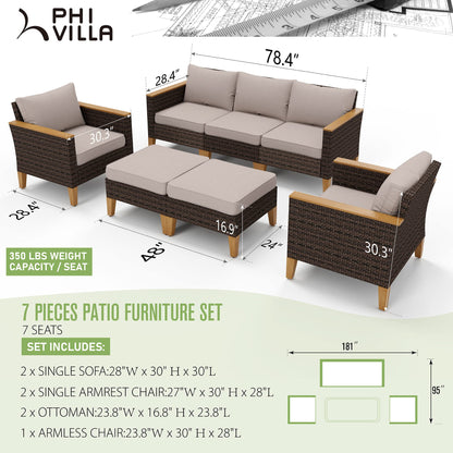 PHI VILLA 7-Piece Wicker Patio Conversation Set, Outdoor Rattan Sectional Furniture Patio Set for 7 Seats with Cushioned 2 x Single Sofa, 2 x Armrest Chair, 2 x Ottoman and 1 x Armless Sofa, Beige