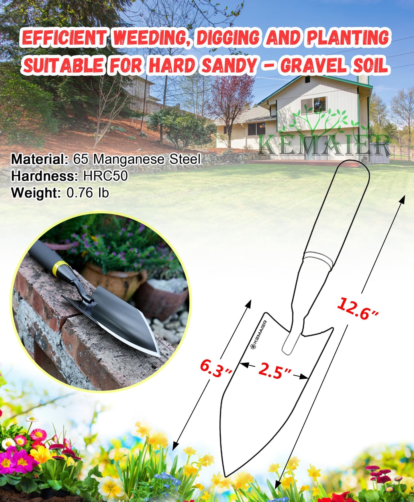 Heavy Duty Gardening Hand Trowel, Carbon Steel with Rubberized Handle