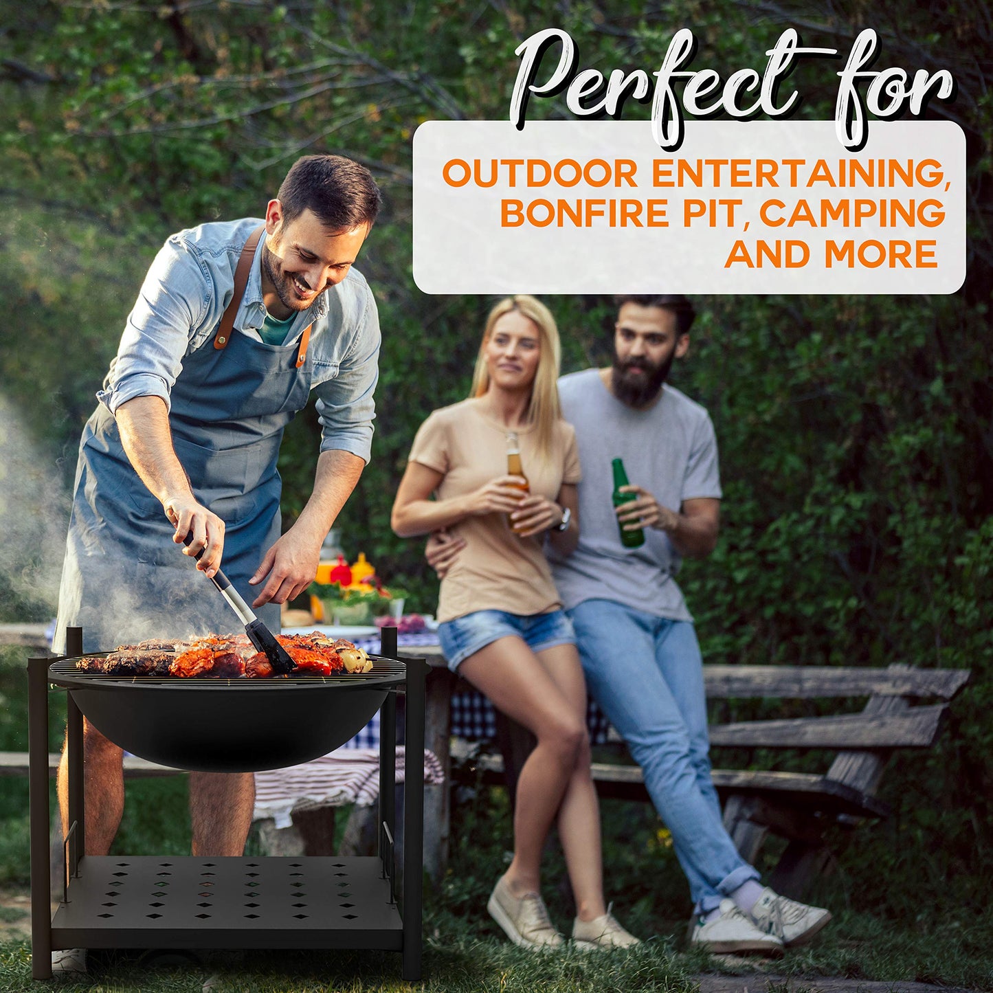 SereneLife Portable Outdoor Wood Fire Pit - 2-in-1 Steel BBQ Grill 26"