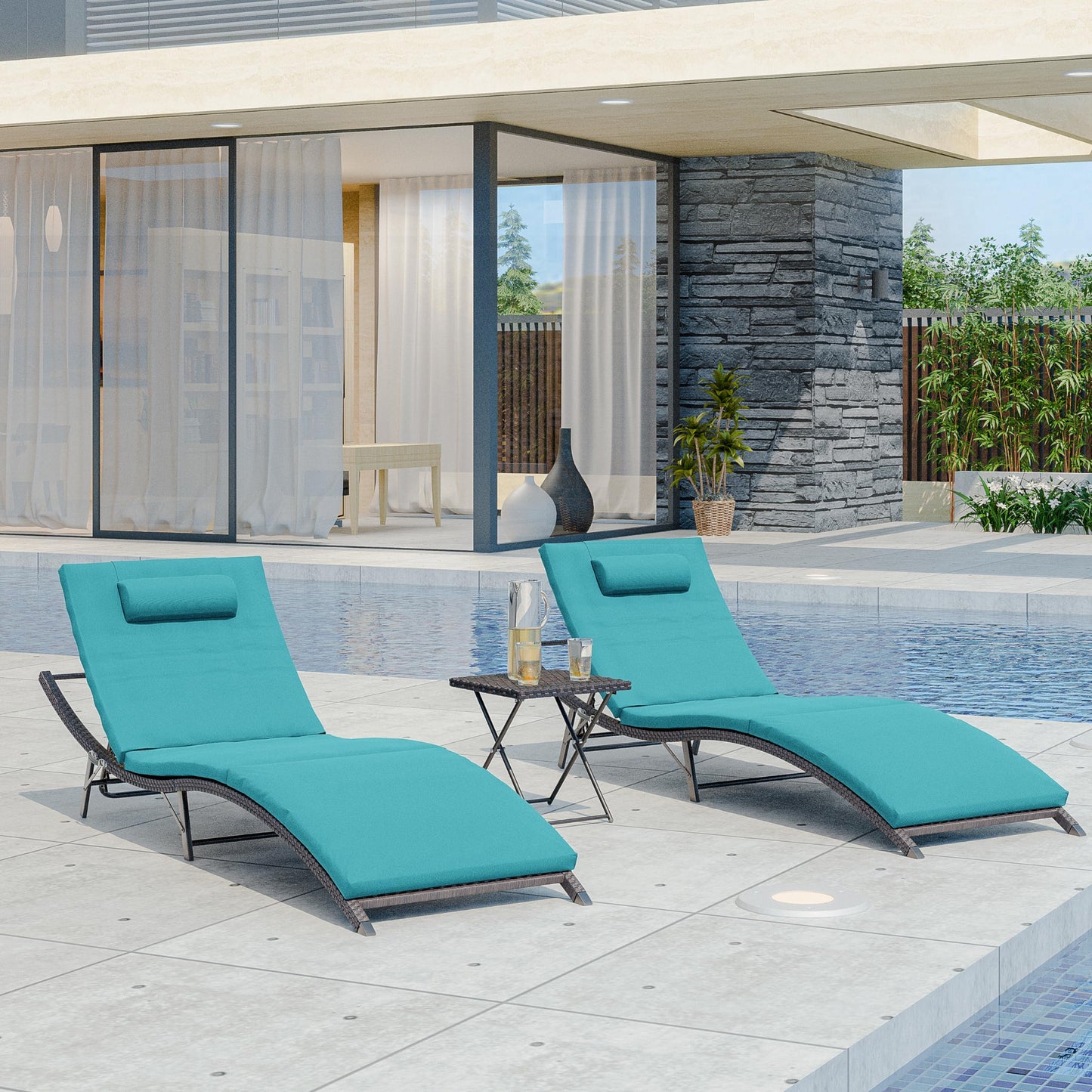 Knnbxa Chaise Lounge Set 3 Pieces Outdoor Rattan Wicker Pool Lounge Chairs w/Adjustable Backrest,Foldable Patio Chaise Lounge for Patio Porch Beach,Blue