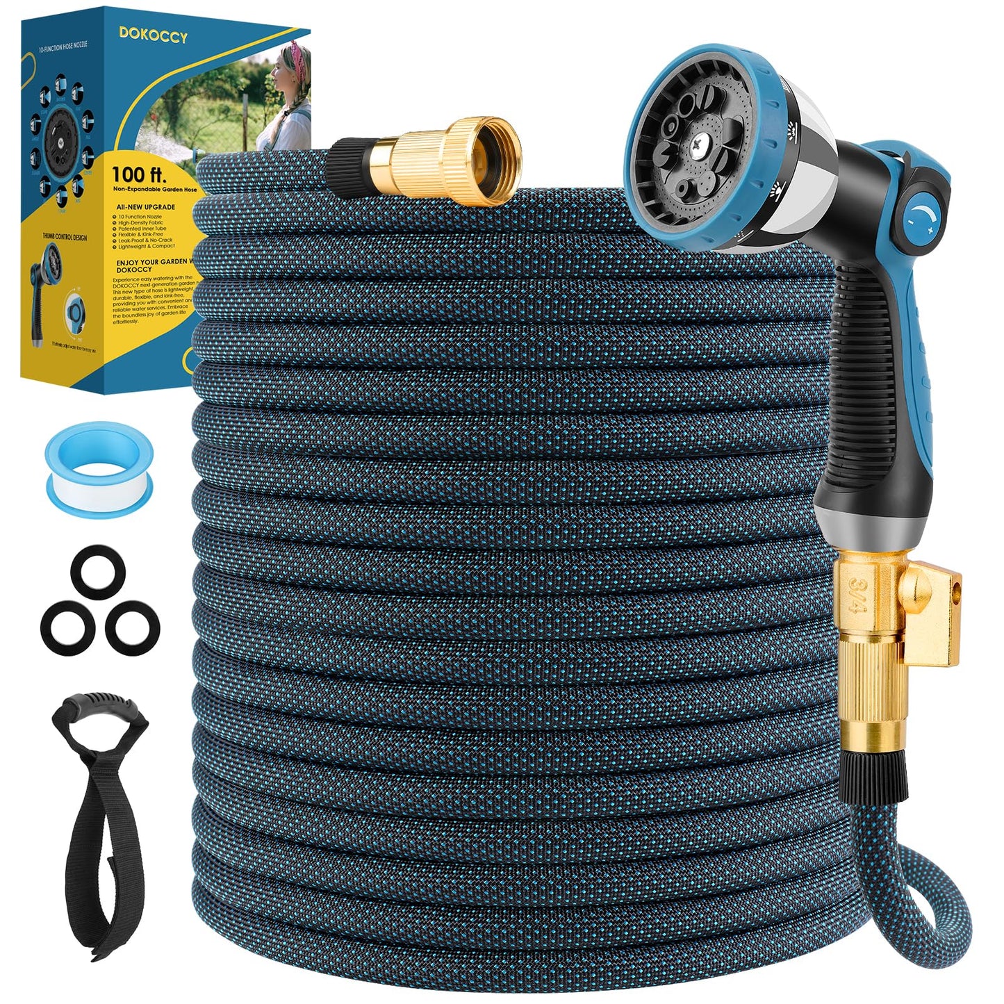 DOKOCCY Non-Expanding Garden Hose with 10 Setting Watering Spray Nozzle, 100FT