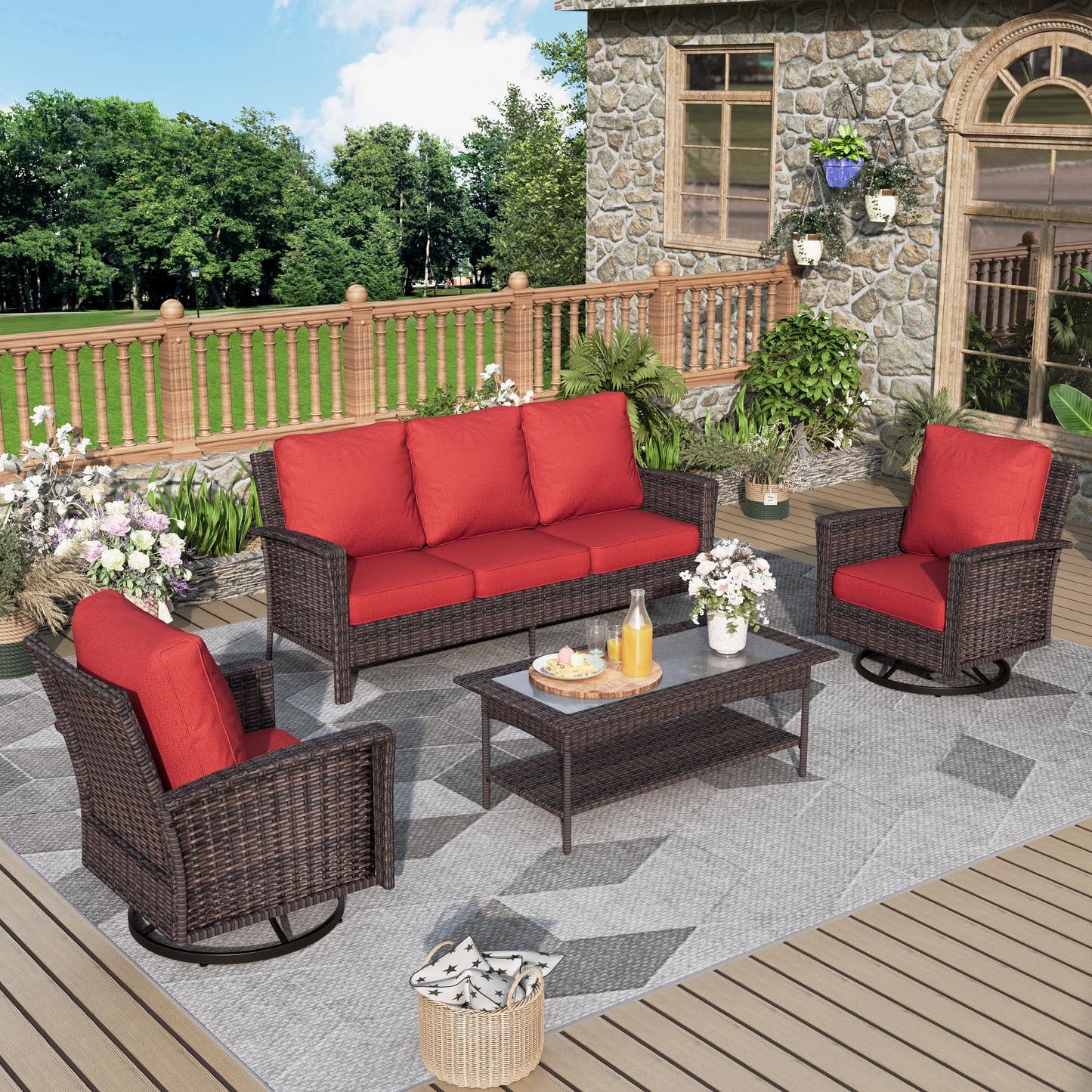 MIXPATIO 4-Piece Patio Furniture Set, Oversized Outdoor Wicker Sofa with Swivel Chairs and Coffee Table, Sectional Rattan Outdoor Conversation Set for Poolside Backyard Deck, Red