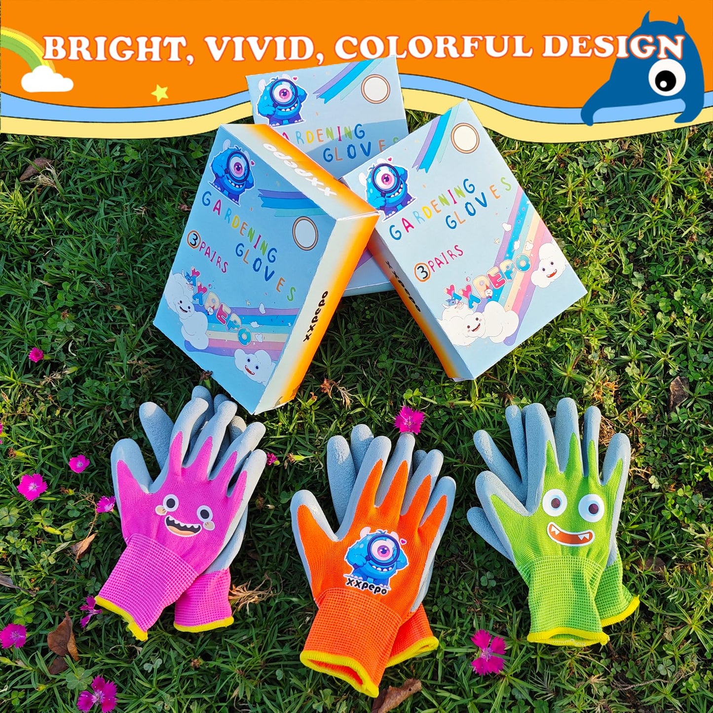 3 Pairs Kids Rubber Coated Gardening Gloves