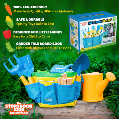 Blue Kids Gardening Tools - Includes Sturdy Tote Bag, Watering Can, Gloves, Shovels, Rake, and How to Grow a Garden Children's Book