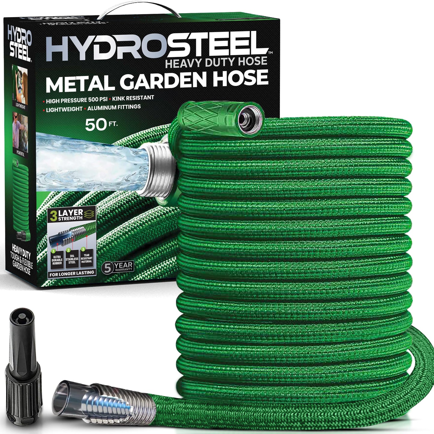 HYDROSTEEL Garden Hose 50 Ft with Nozzle, 3x Layer Stainless Steel