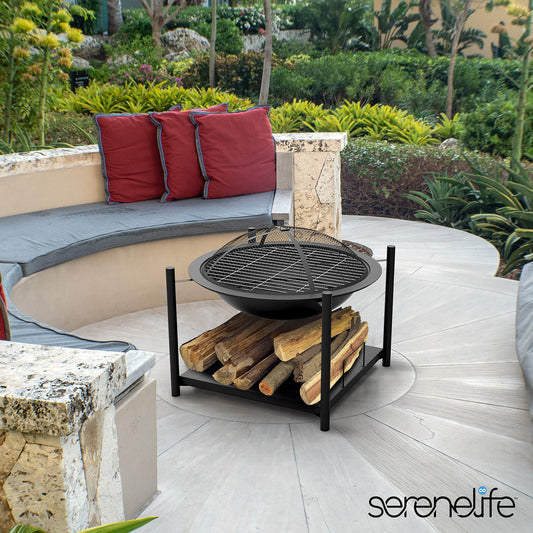 SereneLife Portable Outdoor Wood Fire Pit - 2-in-1 Steel BBQ Grill 26"