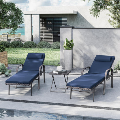 Kurapika Patio Chaise Lounge Set 3 Pieces Outdoor Lounge Chair, Rattan Reclining Chair Adjustable Backrest, Pool Sunbathing Recliners with Folding Table for Poolside Beach, Navy Blue