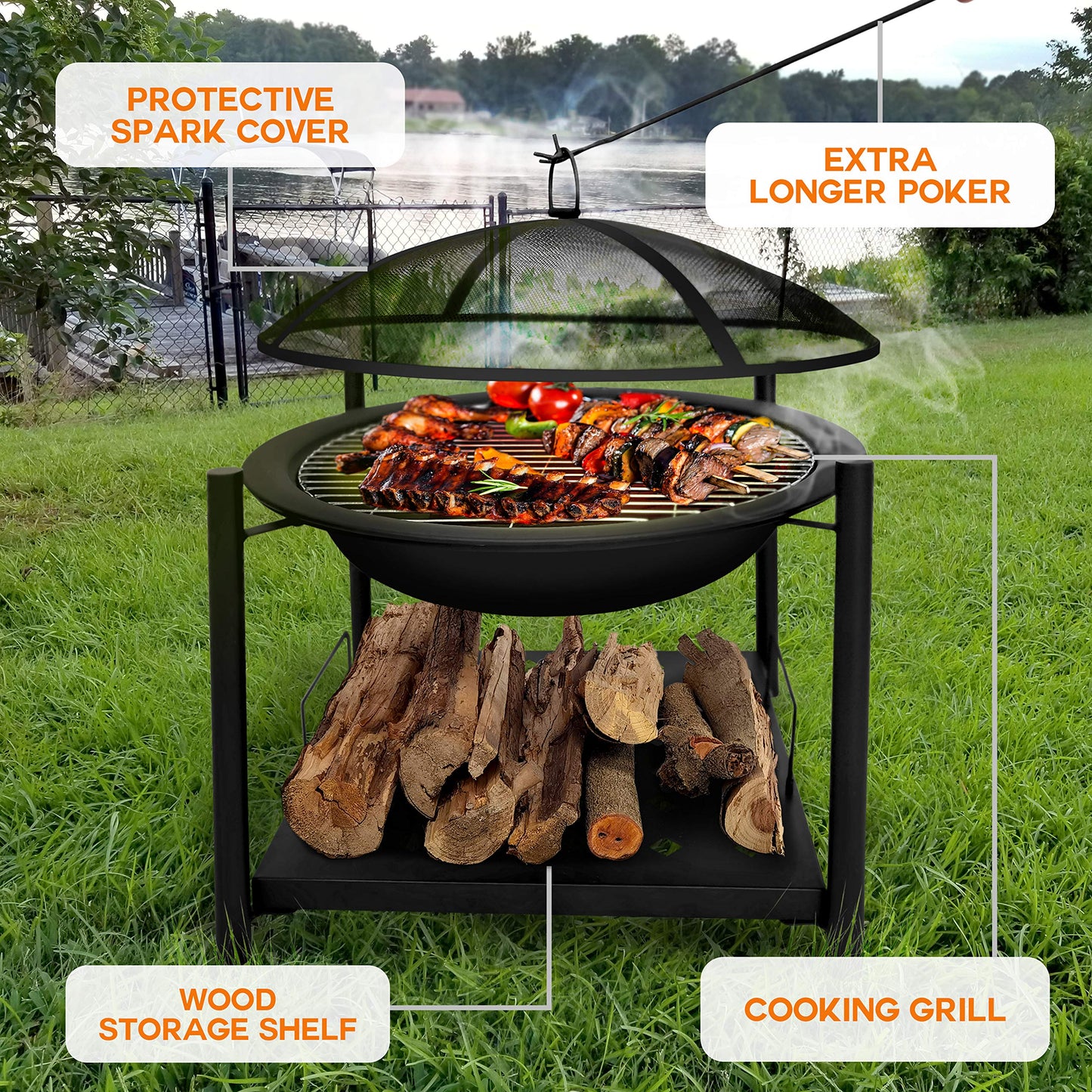 SereneLife Portable Outdoor Wood Fire Pit - 2-in-1 Steel BBQ Grill 26"